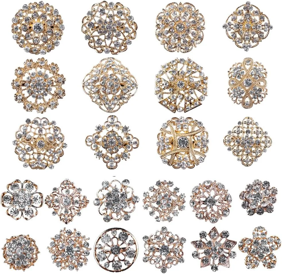 MEEJOA Brooches and Pins for Women Fashion, Lot 24pc Rhinestone Crystal Flower Brooch Pins for Crafts and DIY Wedding Bouquet Gold Brooches Set