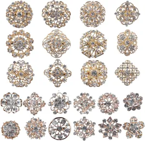 MEEJOA Brooches and Pins for Women Fashion, Lot 24pc Rhinestone Crystal Flower Brooch Pins for Crafts and DIY Wedding Bouquet Gold Brooches Set