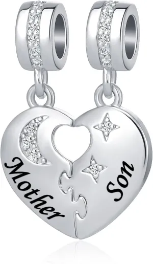 Mother and Son Heart Dangle Charm Set Bead for Mother Mommy Bracelts Necklace