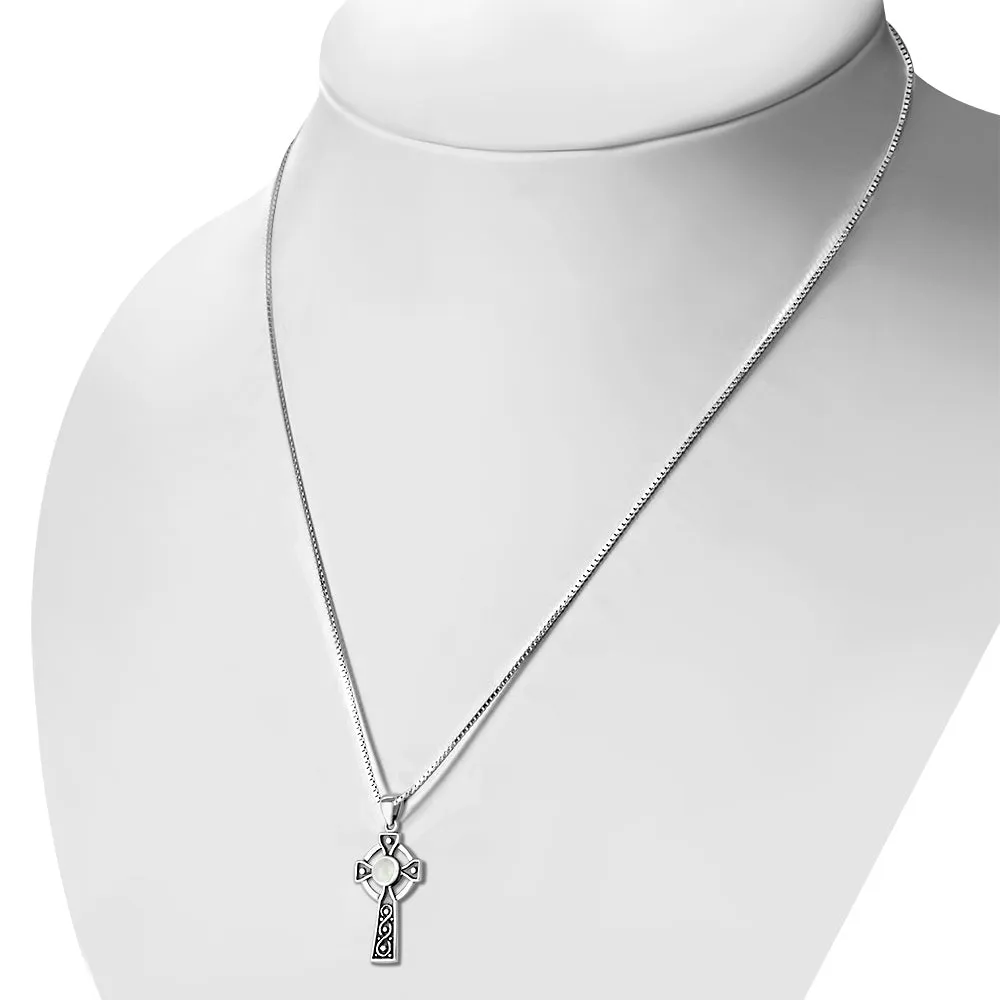Mother Of Pearl Shell Celtic Infinity Knot Cross Silver Pendant