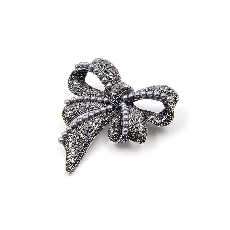 New Black Bow Brooches for Women Rhinestone and Pearl Pin Vintage Broches