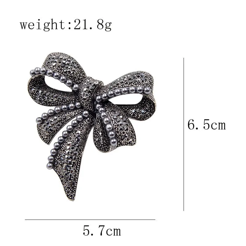 New Black Bow Brooches for Women Rhinestone and Pearl Pin Vintage Broches