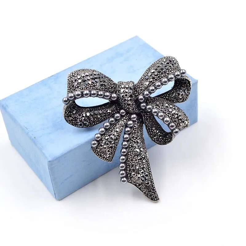 New Black Bow Brooches for Women Rhinestone and Pearl Pin Vintage Broches