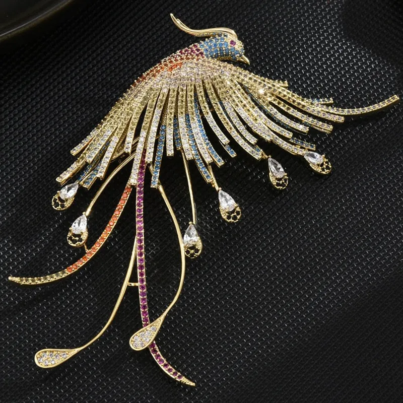 New Chinese Style Copper Micro Inlaid Cubic Zirconia Color Phoenix Brooch
