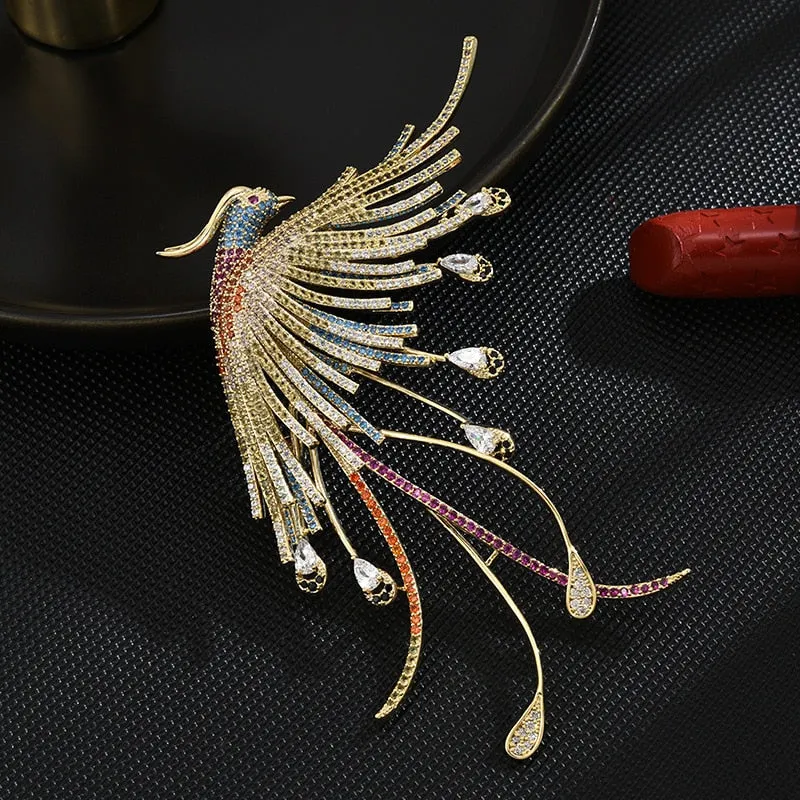 New Chinese Style Copper Micro Inlaid Cubic Zirconia Color Phoenix Brooch