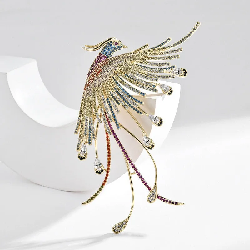 New Chinese Style Copper Micro Inlaid Cubic Zirconia Color Phoenix Brooch