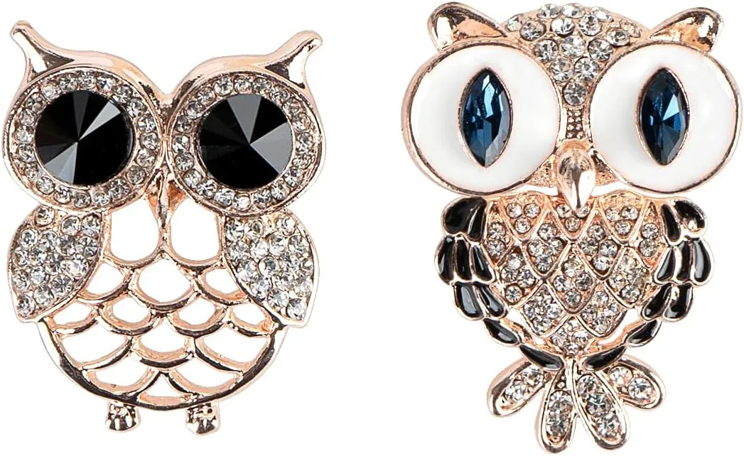 Owl Brooches Crystal Rhinestone Owl Pin Owl Brooch for Men Women, Owl Gifts for Owl Lovers, Cute Animal Owl Brooch Bird Pins for Hats, Backpacks, Scarves, Lapels, Dresses, Suits (2 Pcs)