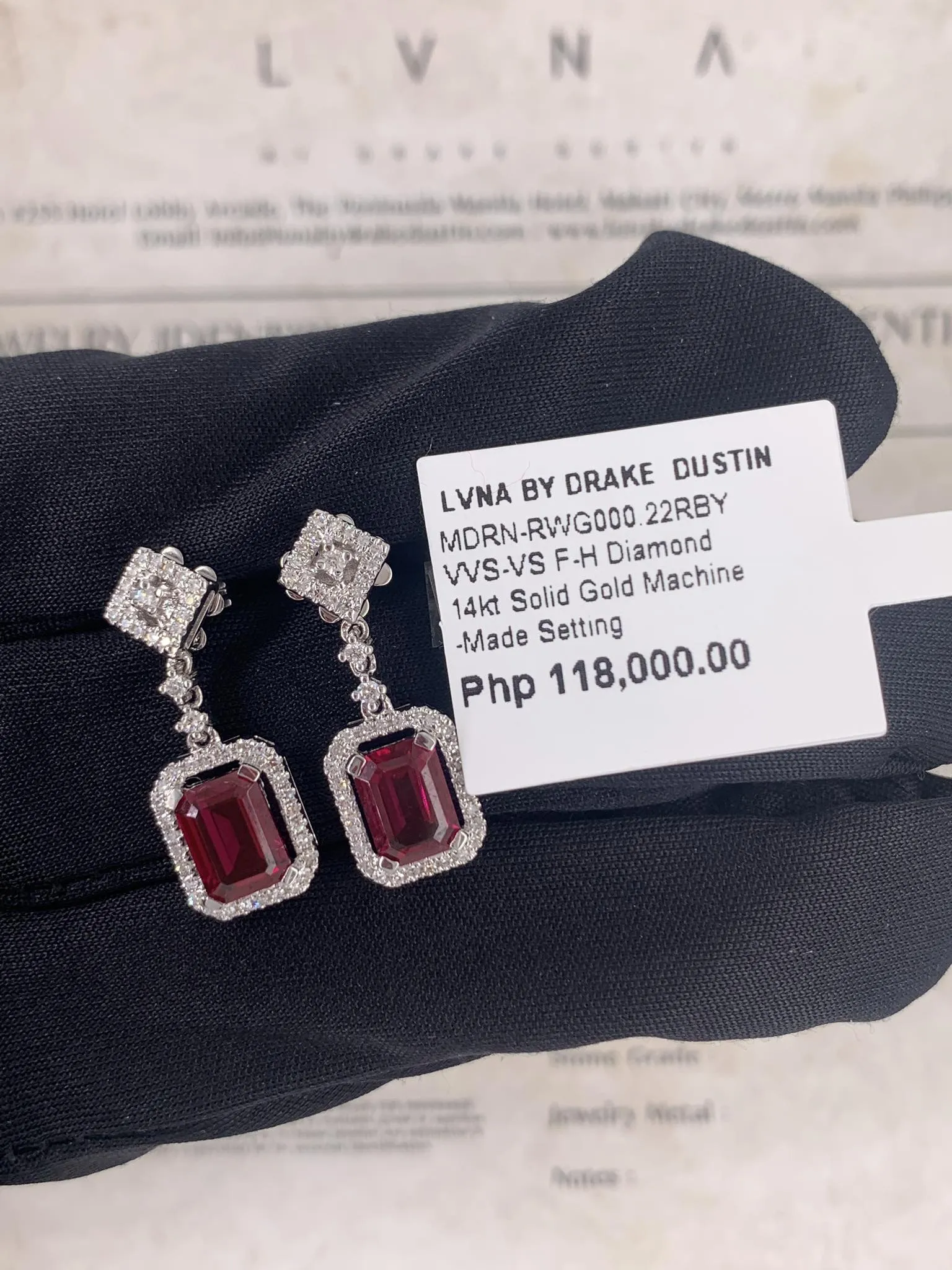 Red Ruby Dangling Gemstones Diamond Earrings 14kt