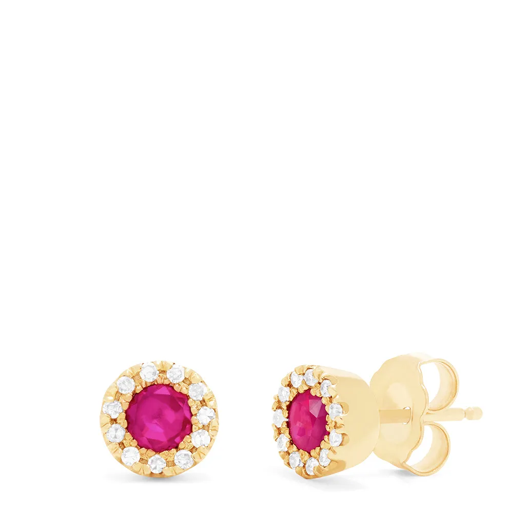 Ruby Royale 14K Yellow Gold Round Diamond Halo Ruby Stud Earrings, 0.47 TCW