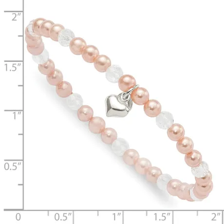 Sterling Silver Heart Pink Shell Bead & Crystal 6 inch Stretch Bracelet