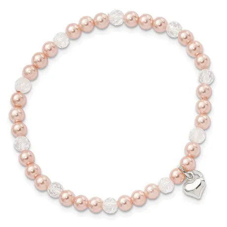 Sterling Silver Heart Pink Shell Bead & Crystal 6 inch Stretch Bracelet