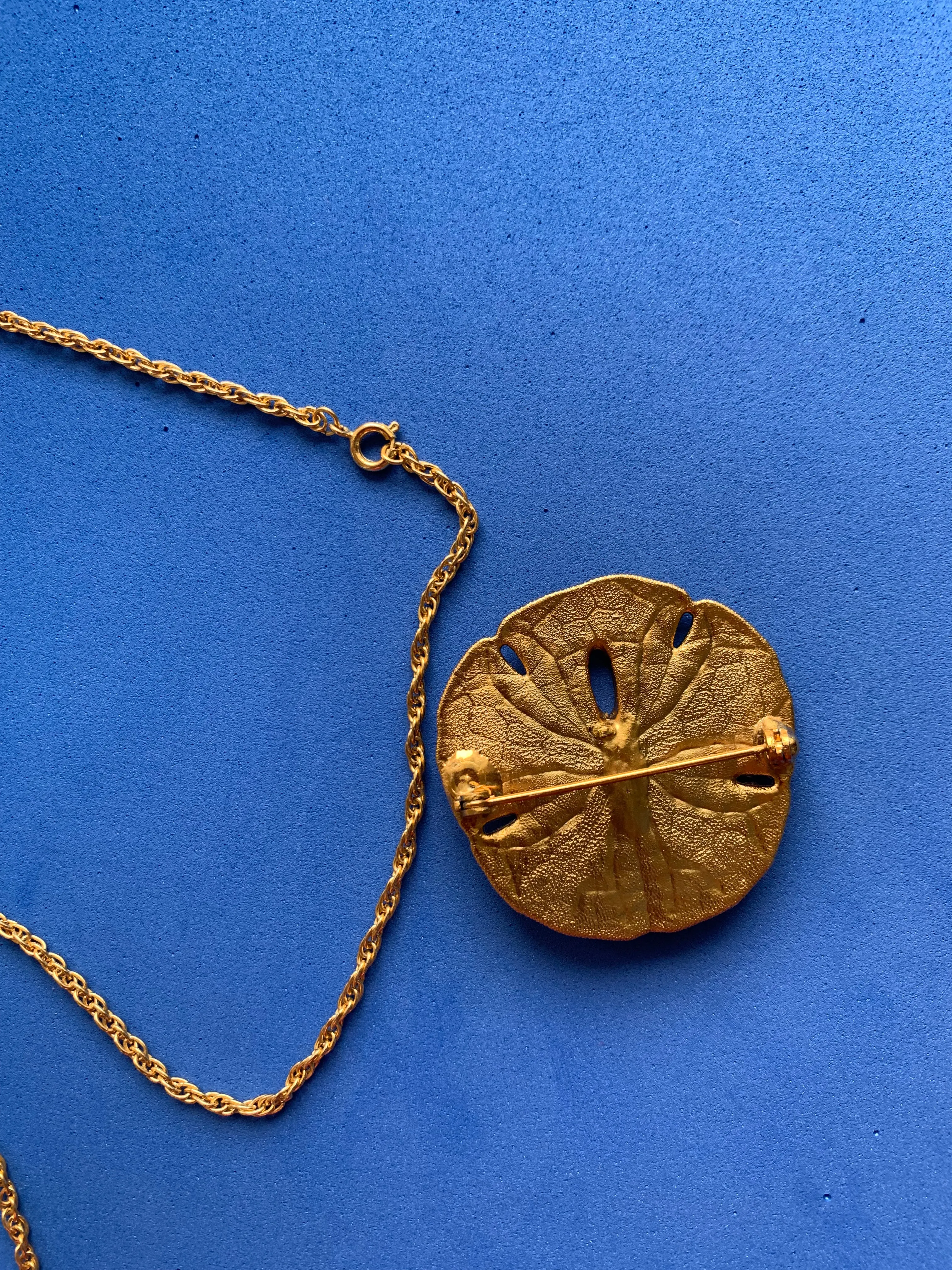 Vintage Gold-Toned Sand Dollar Pendant Necklace and Brooch Set
