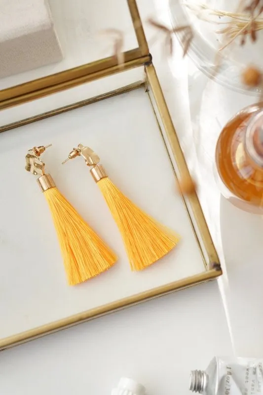 Xander Kostroma Gold Tone & Sunshine Yellow Tassel Drop Earrings – 8cm, Handmade Boho Jewelry, Vibrant Statement Earrings, Lightweight & Sustainable Fashion, Perfect for Casual & Summer Looks