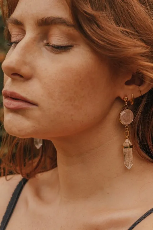 Xander Kostroma Gold Tone Rose Quartz & Clear Quartz Point Earrings – 7.5 cm Healing Jewelry for Love, Clarity & Emotional Balance, Ideal for Women & Wellness Enthusiasts