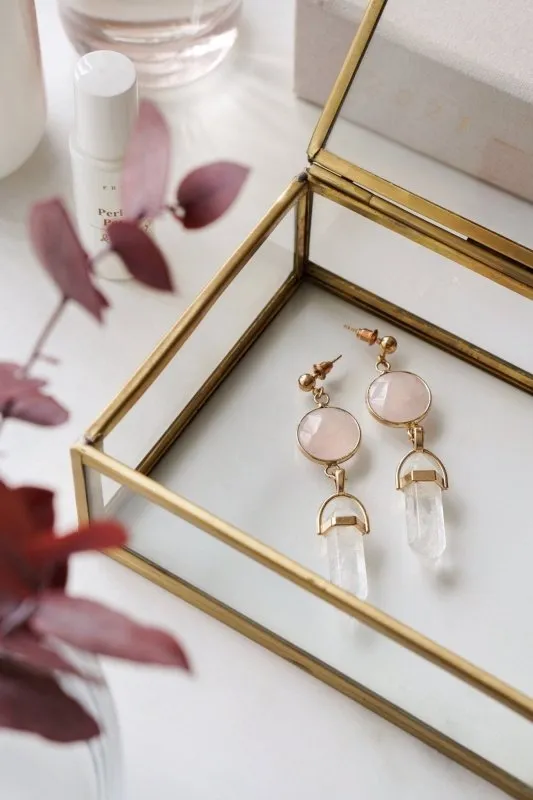 Xander Kostroma Gold Tone Rose Quartz & Clear Quartz Point Earrings – 7.5 cm Healing Jewelry for Love, Clarity & Emotional Balance, Ideal for Women & Wellness Enthusiasts